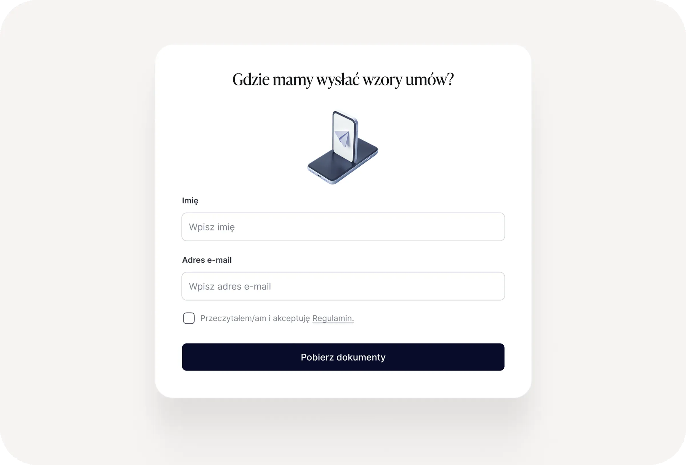 Ekran zbierania danych kontaktowych do wysyłki wzorów umów najmu – pola imię, e-mail i opcja dołączenia dodatkowych załączników
